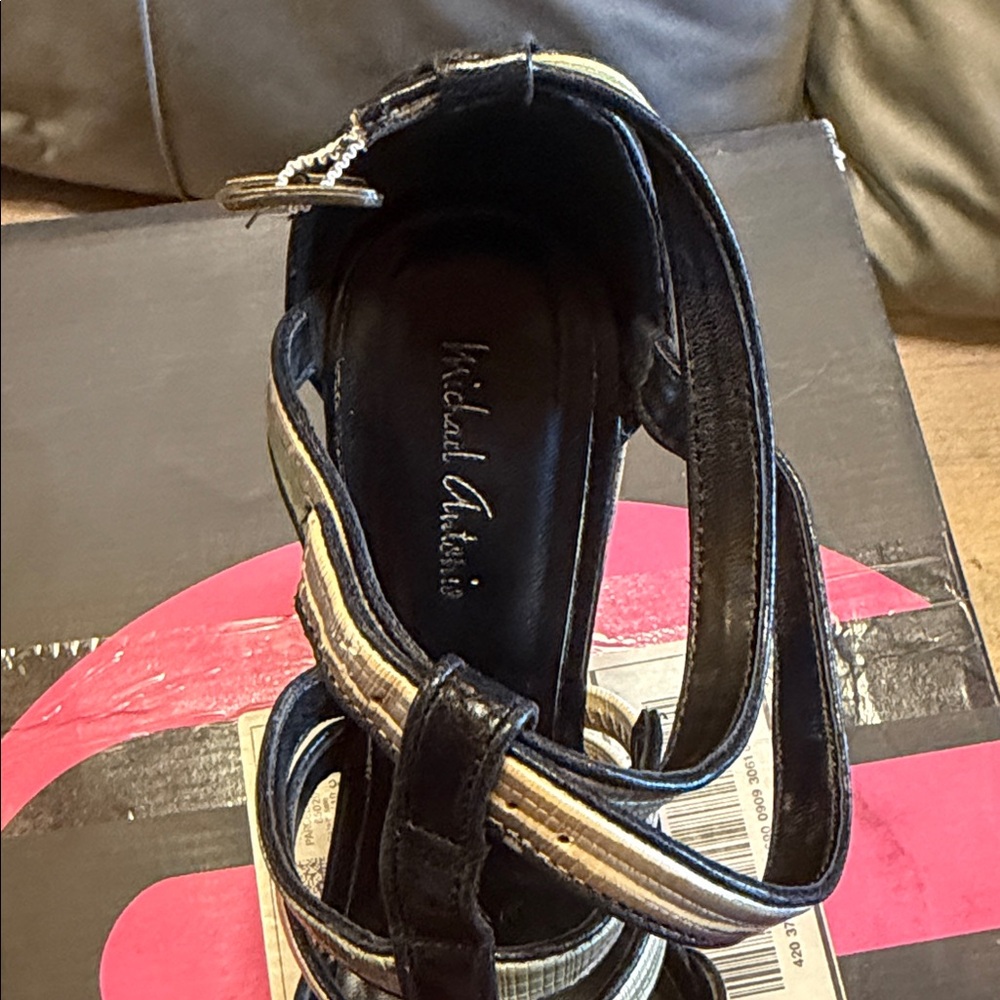 Michael Antonio Black Strappy Heel Sandal with Metallic Accents